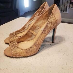 Betsey Johnson Tan Lace Peep-Toe Heels